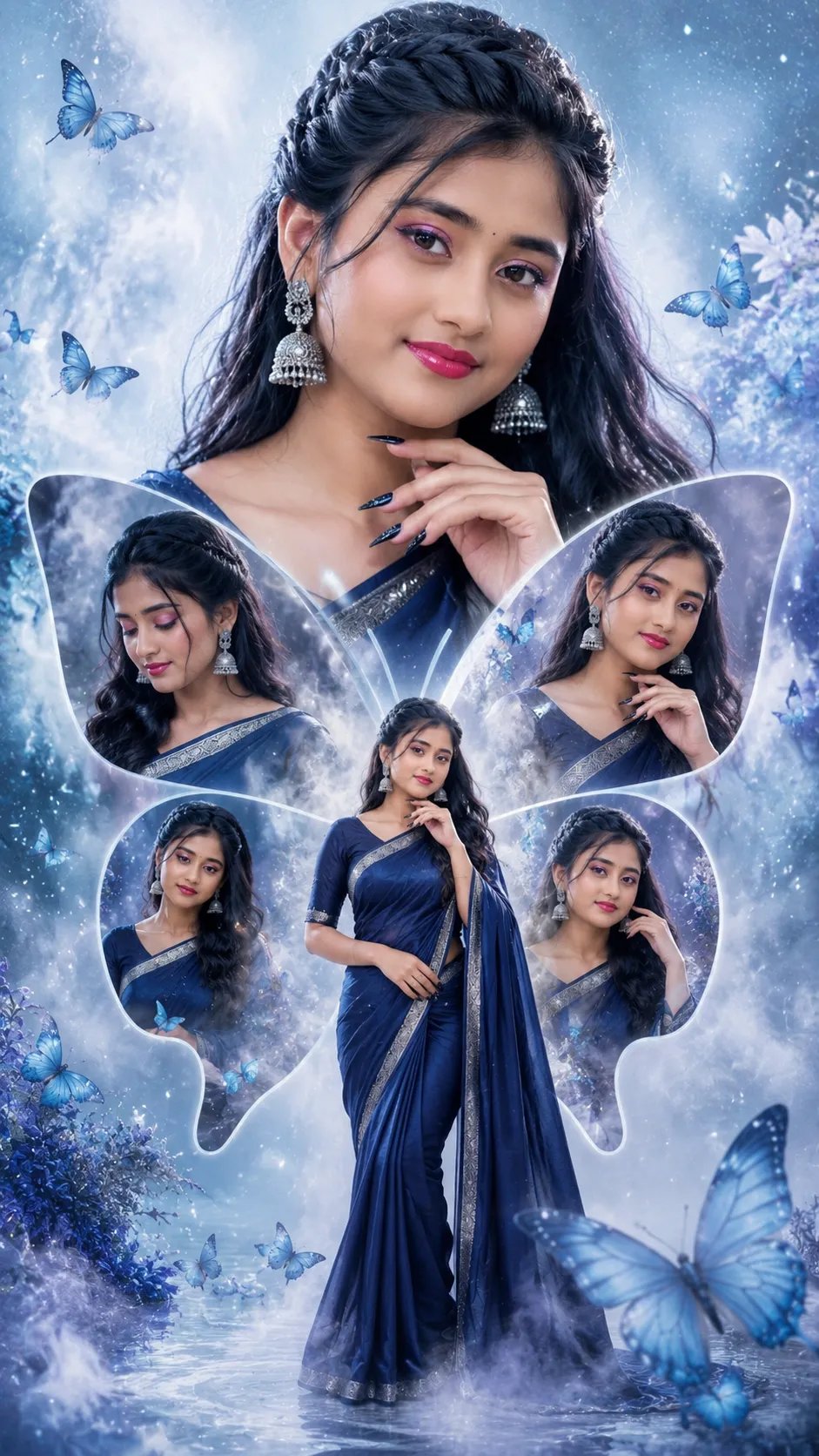 Beautiful fair-skinned young woman, long silky black hair, elegant navy blue silk saree with silver border, traditional jhumka earrings,
