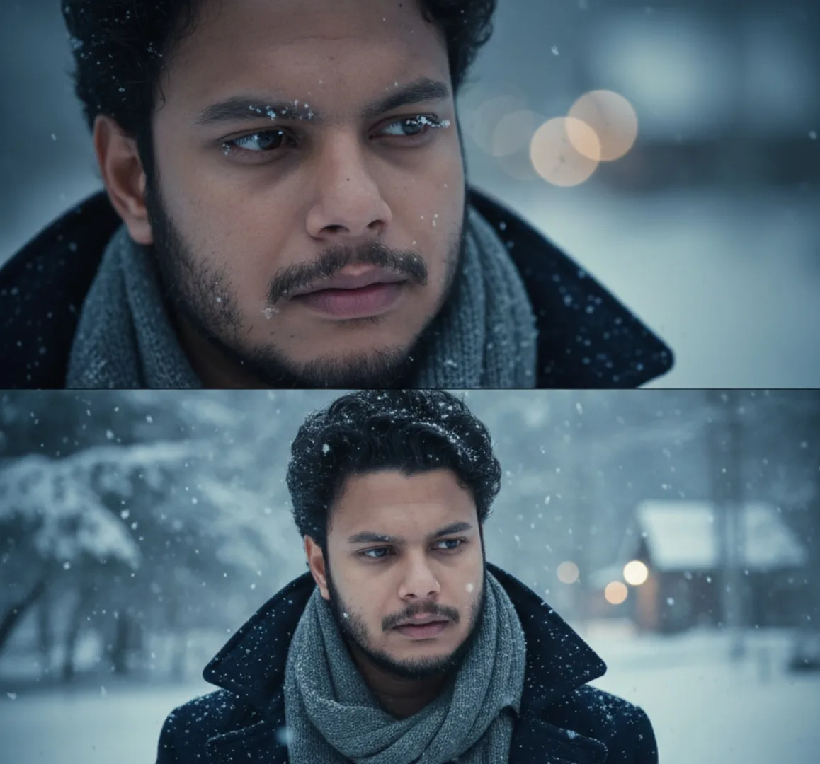 A realistic cinematic portrait of a young South Asian man with medium-dark skin, short curly black hair dusted with snowflakes, light