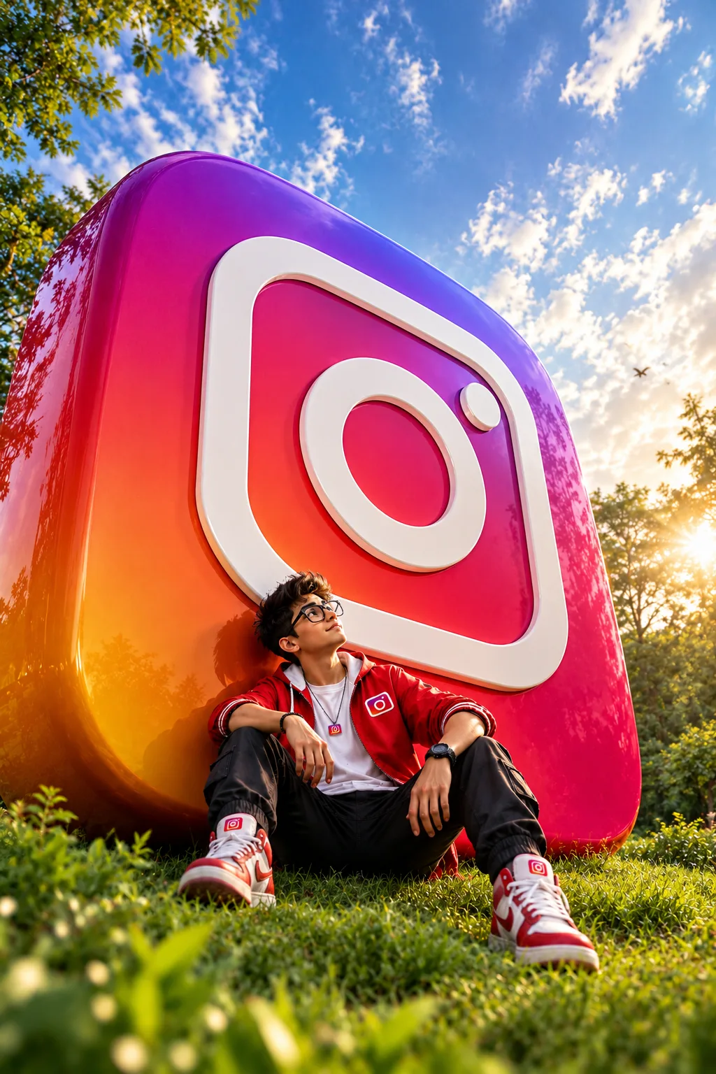 Create a hyper-realistic cinematic outdoor photograph of a stylish young man sitting casually on lush green grass, leaning against the