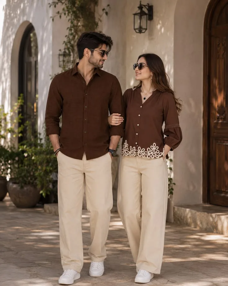 A professional full-body outdoor shot of a stylish South Asian couple walking arm-in-arm down a sunlit street, looking lovingly at each