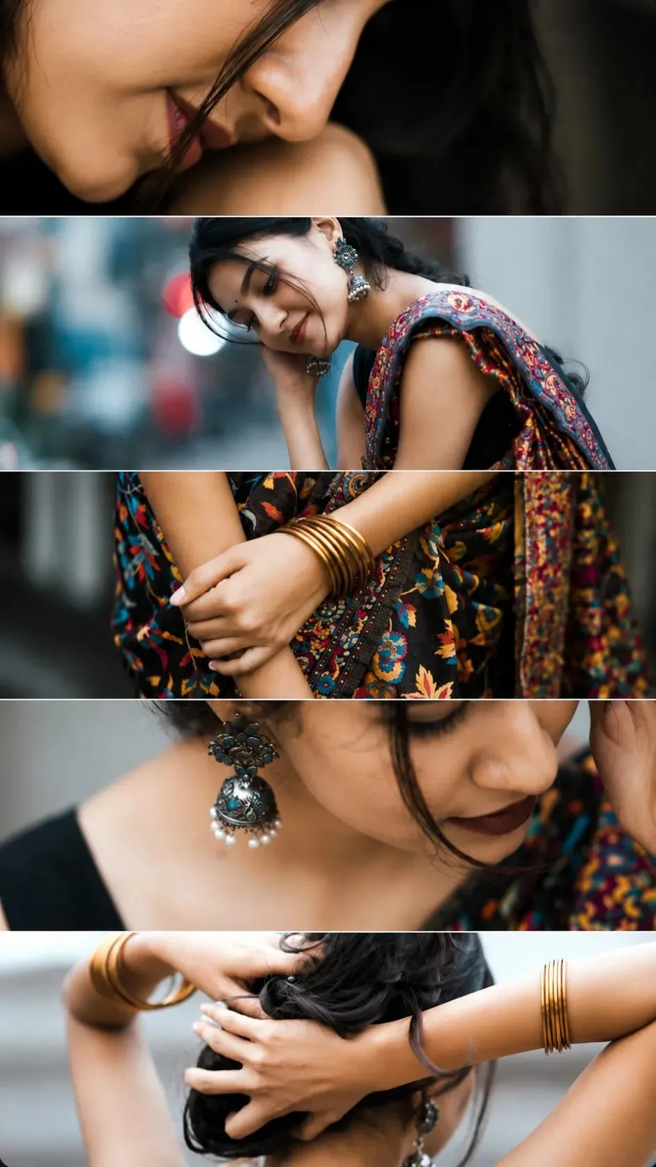 Ultra-realistic cinematic editorial collage of a young adult South Asian woman in an elegant traditional Indian outfit.