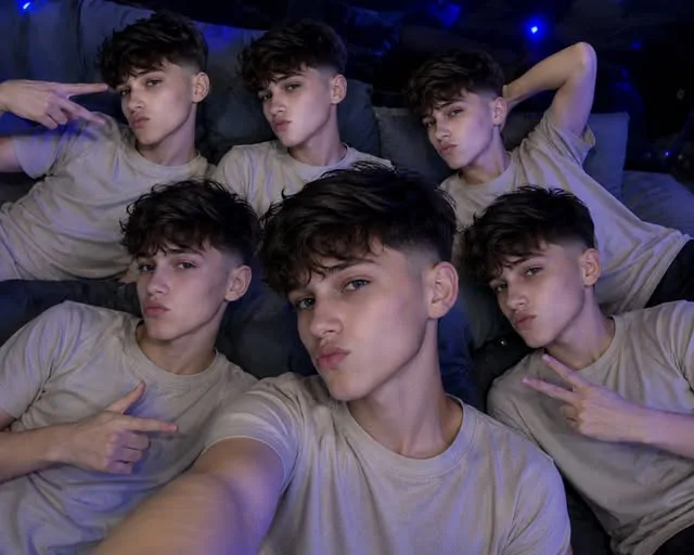 Create a realistic Gen Z boy squad selfie in a dark cozy bedroom/lounge illuminated by soft blue LED ambient lighting.