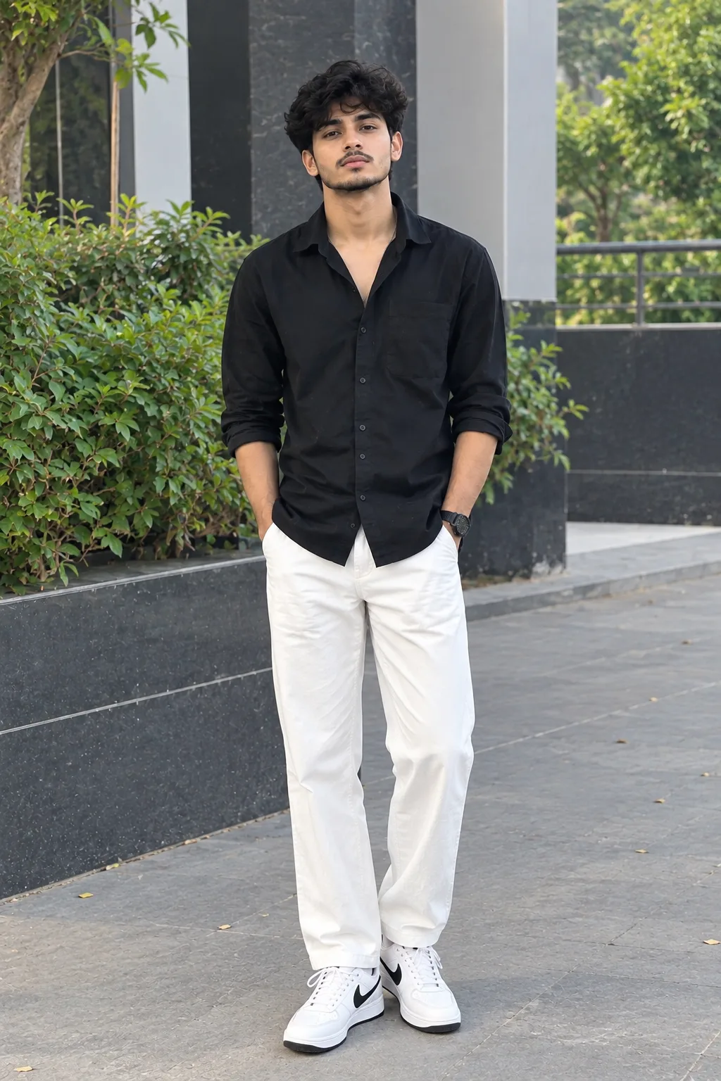 > Create an ultra-realistic, full-body portrait of a stylish young South Asian man standing confidently outdoors.
