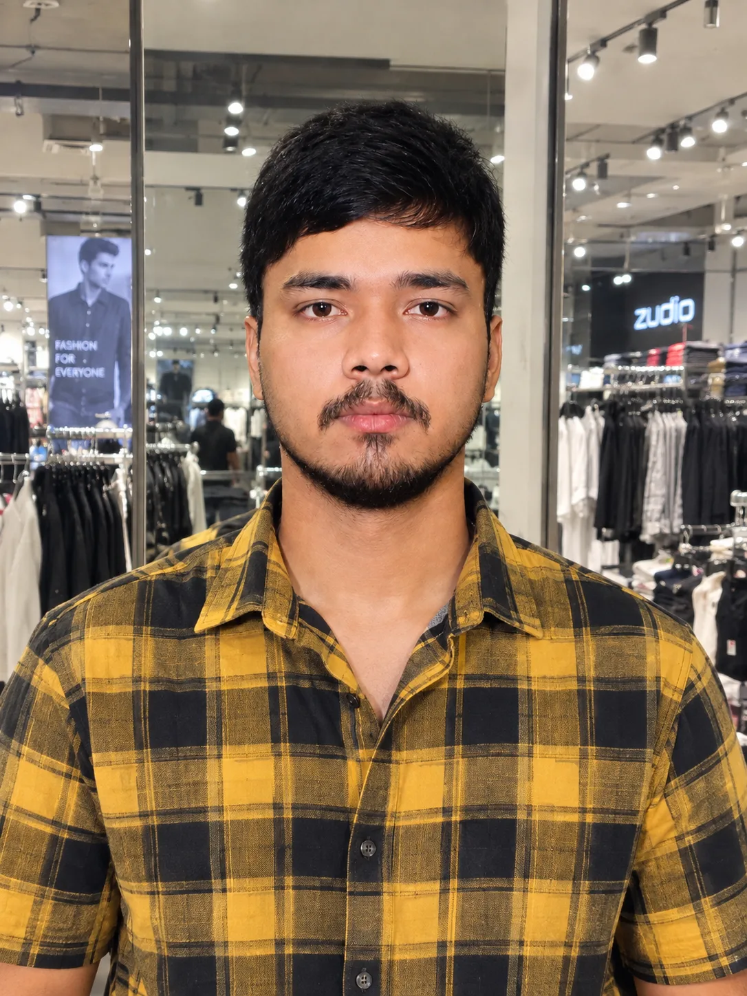Modify the background to a modern clothing store like Zudio with large glass mirrors, clothing racks, and bright store lighting.