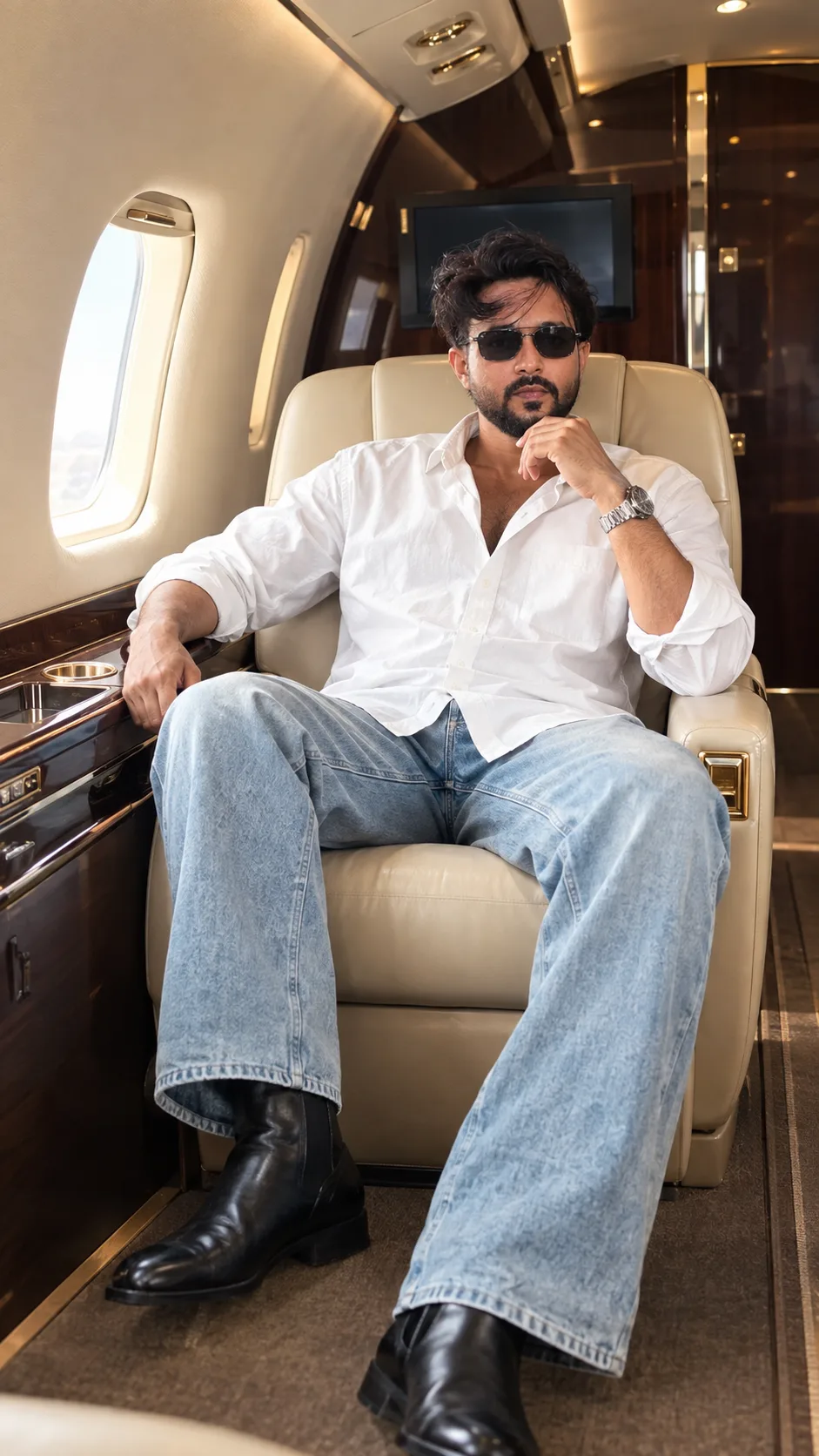 Create an ultra-realistic cinematic luxury private-jet fashion portrait inspired by the uploaded reference image.