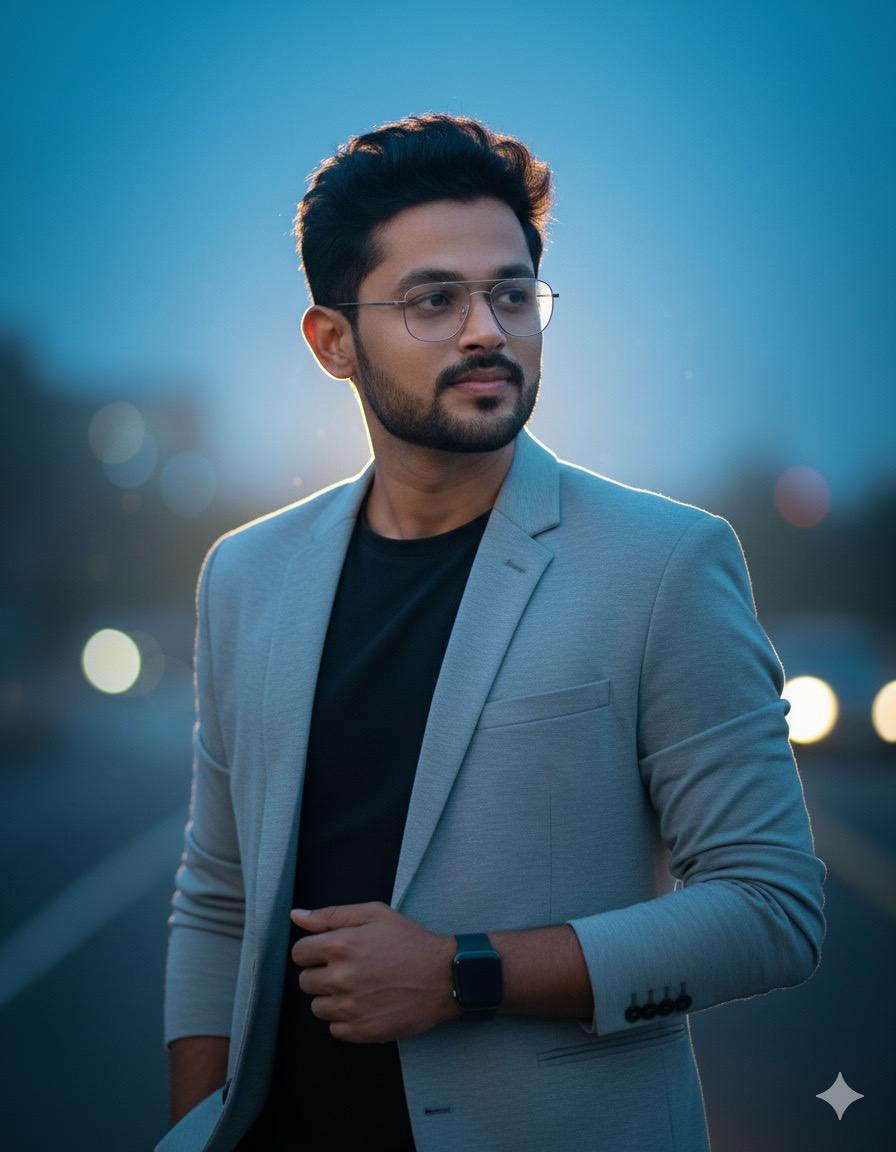 Ultra-realistic cinematic portrait of a man standing alone during the quiet after-evening blue hour.