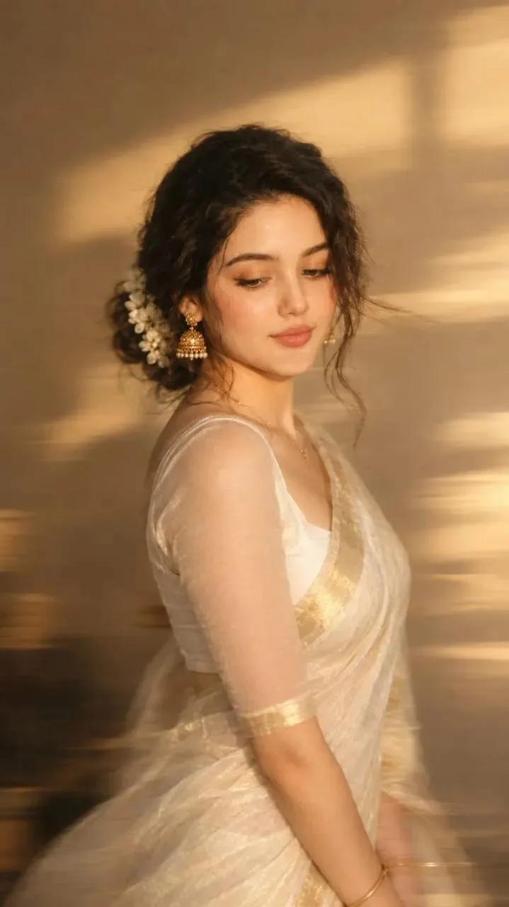 Transform this image into a photorealistic 9:16 portrait of a young Indian woman wearing an elegant ivory-white saree with a soft golden