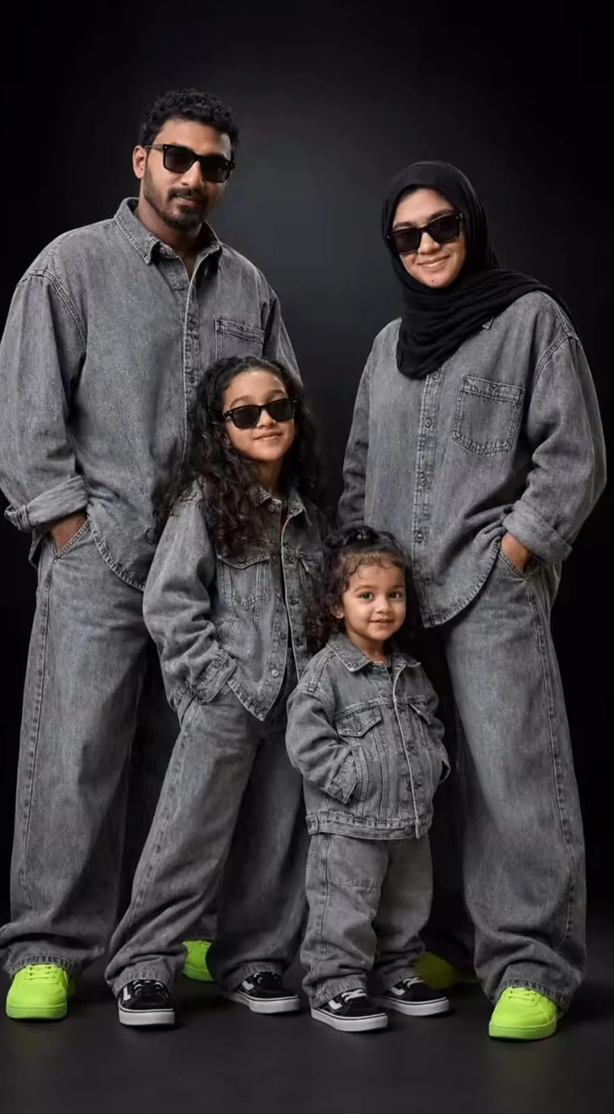 **Aspect ratio: 9:16, ultra-realistic professional family fashion portrait** A photorealistic full-body studio portrait of a stylish South