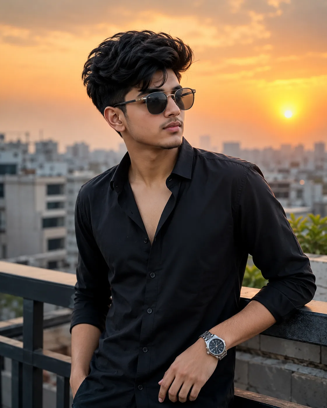 Create an ultra-realistic cinematic portrait of a stylish young South Asian man standing on a modern rooftop during golden hour.