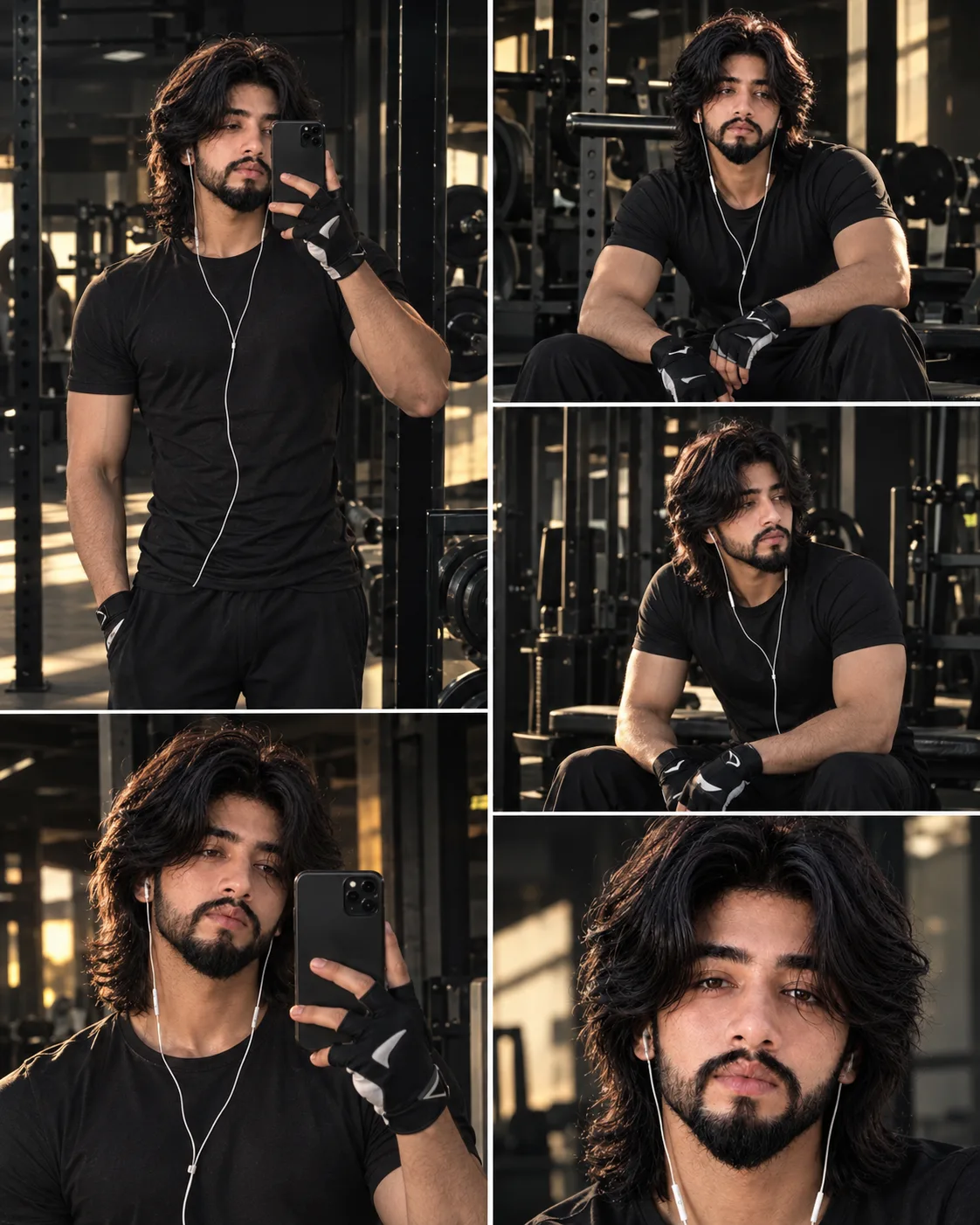 A multi-panel gym photo collage featuring a man with wavy dark hair and a beard, wearing white wired earbuds and a black glove on one hand.