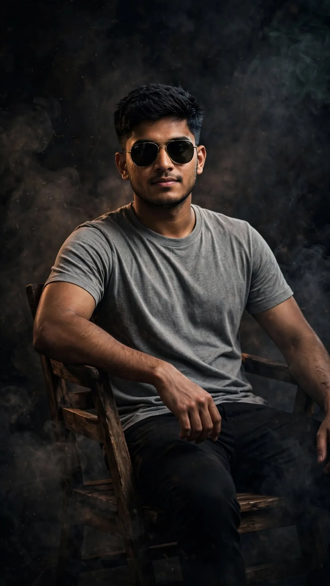 Cinematic ultra realistic portrait, subject sitting confidently on wooden chair, dark smoky dramatic lighting, powerful leadership aura,