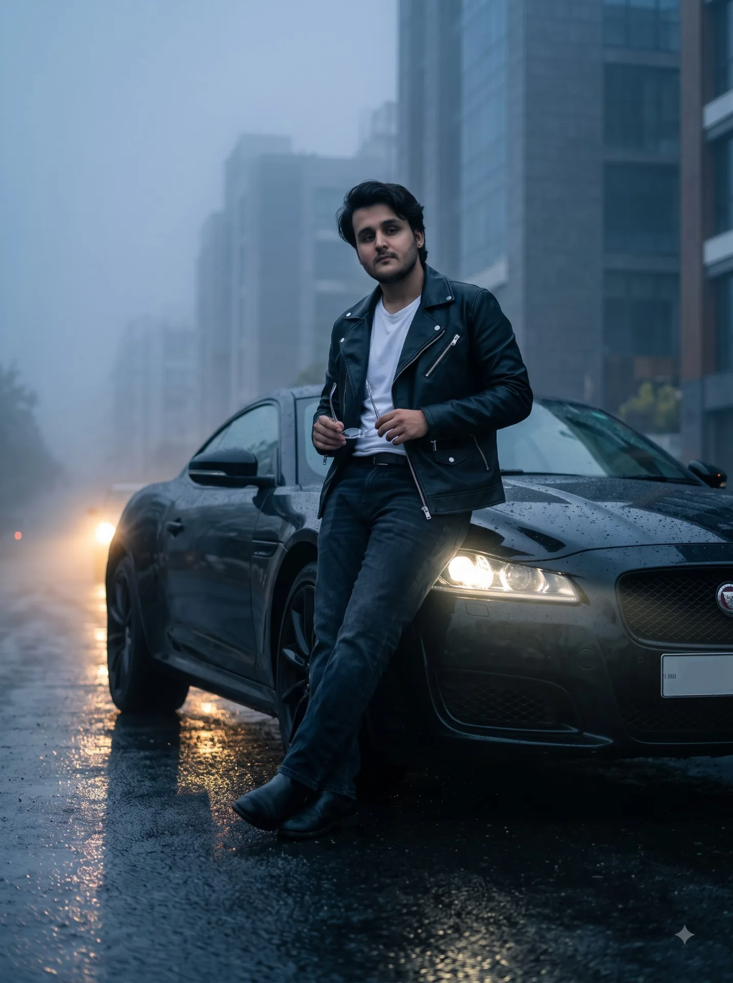 A cinematic, hyper-realistic photo of a 22-year-old Indian man with a sharp hairstyle, leaning casually against the front bumper of a sleek