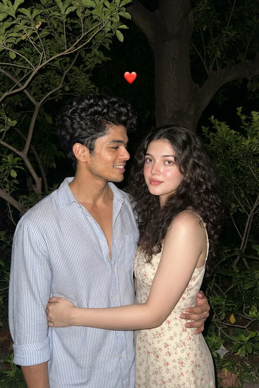 Create an ultra-realistic candid night-time portrait of a young couple standing closely together outdoors in a natural garden setting.