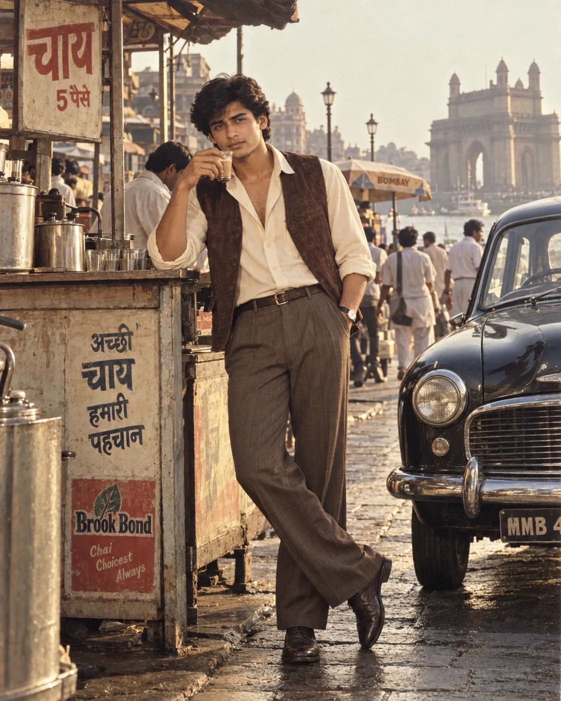 Create a highly realistic vertical 4:5 cinematic vintage 1980s Indian street photograph.