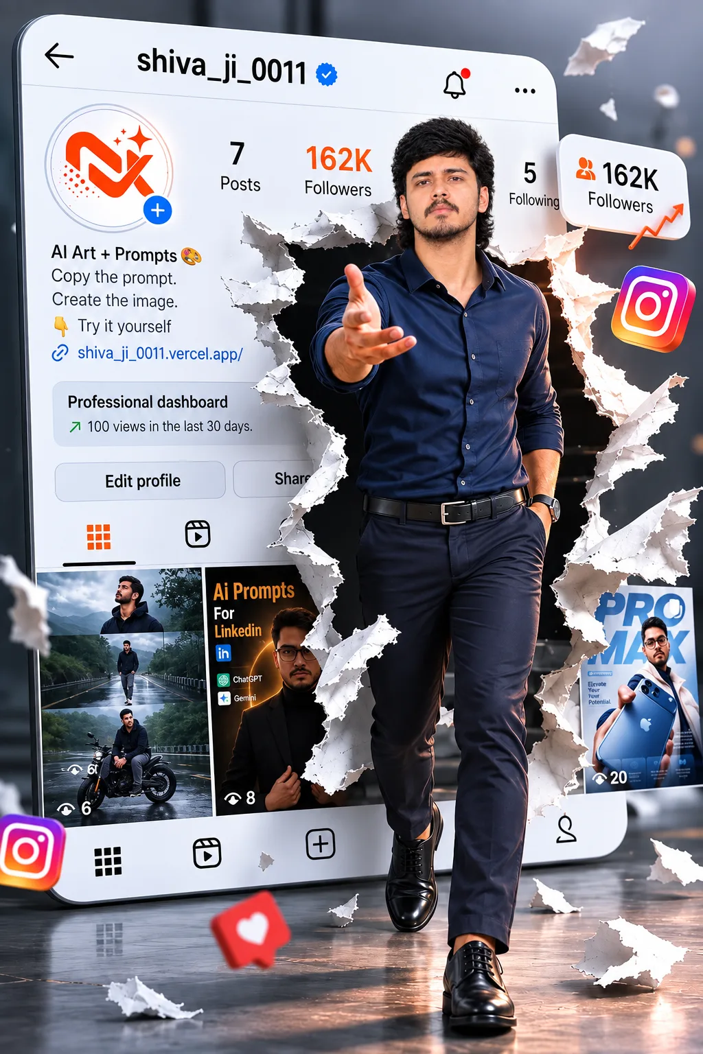 Create a high-end photorealistic 3D social-media creator poster in a vertical 4:5 composition.
