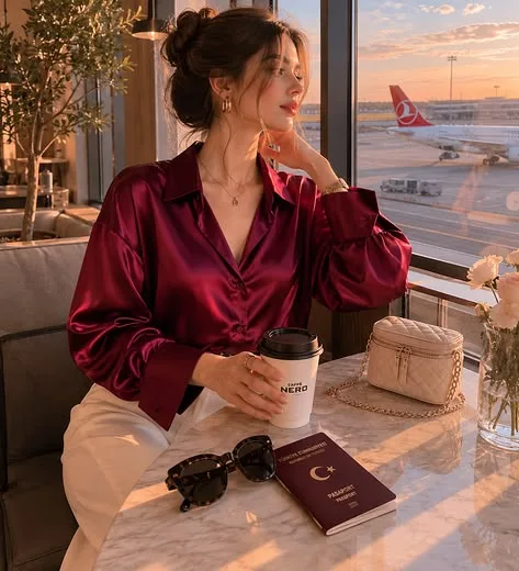 A high-quality lifestyle portrait of a beautiful young woman sitting at a marble table inside a luxury airport lounge during sunset.