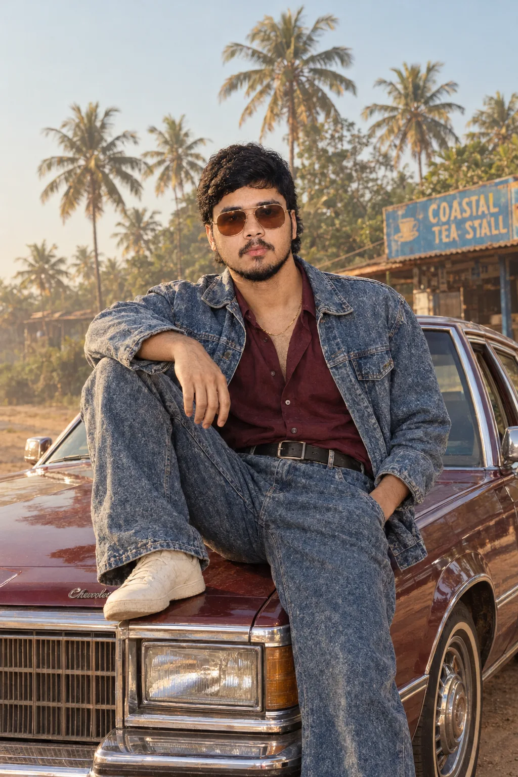 A person with wavy, shoulder-length dark hair and a beard, wearing large, brown-tinted aviator sunglasses, a thin gold chain necklace, an
