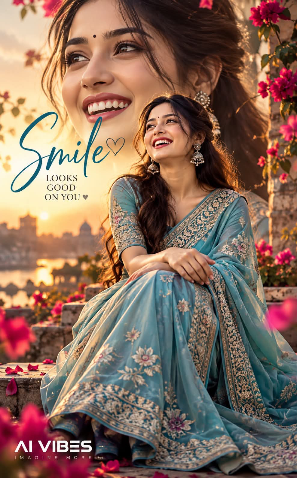 Create a breathtaking vertical 4:5 cinematic fashion poster featuring a completely new, elegant South Asian woman with a unique natural