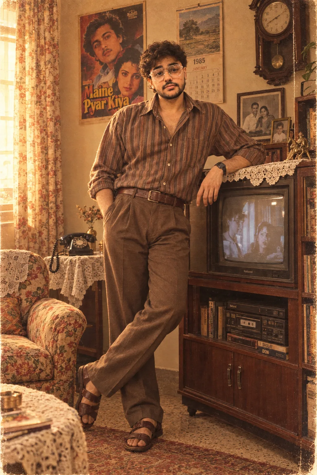 Vintage 1980s Indian living room scene, warm sepia-tinged palette and soft golden ambient light streaming from a window with floral