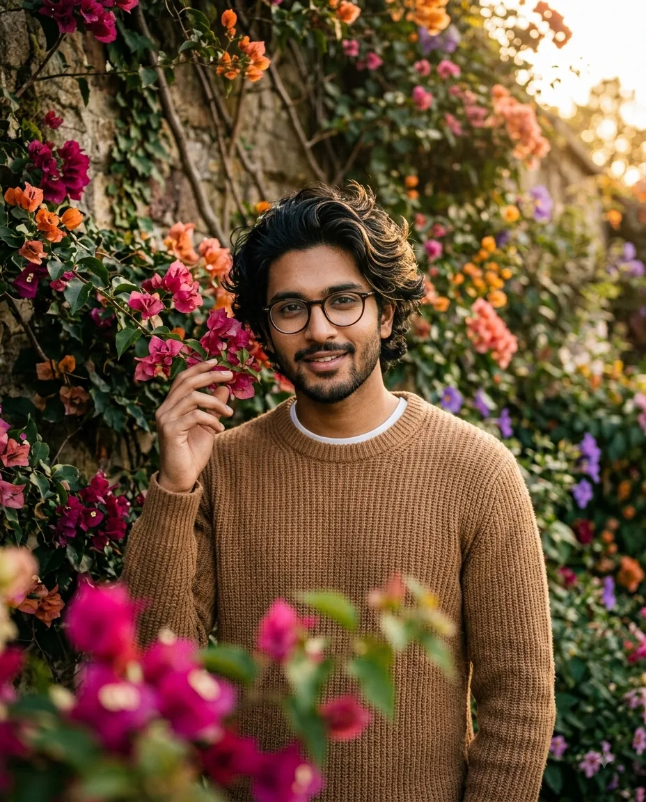 Create an ultra-photorealistic, high-end cinematic fashion portrait of a young South Asian male standing in front of a rustic stone wall