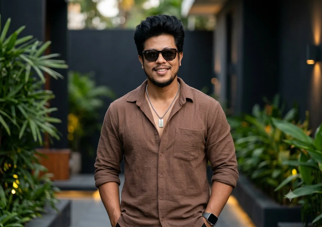 GEMINI PROMPT Ultra-fealistic 8K DSLR fashion portrait of a stylish young South A sian man with thick, voluminous textured black hair,