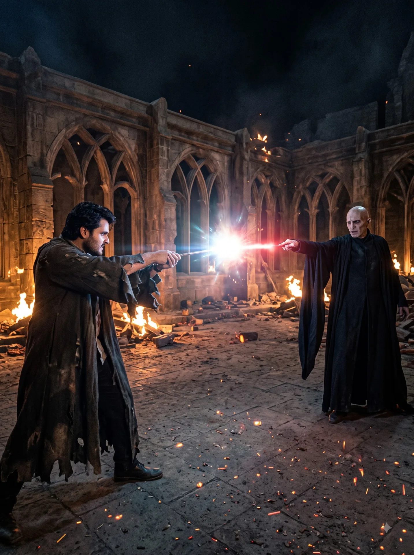 Amateur phone snapshot at night in a ruined Hogwarts courtyard, wide side view of a wizard duel.
