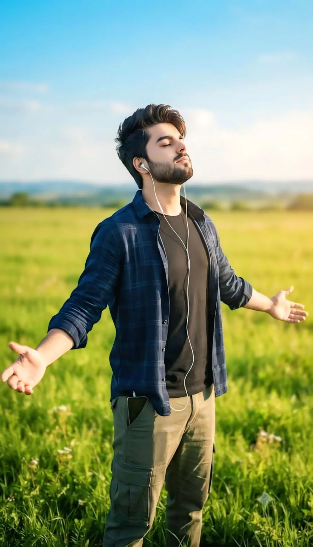 A young handsome man standing in the middle of a lush green grass field under a bright blue sky, enjoying a peaceful moment.