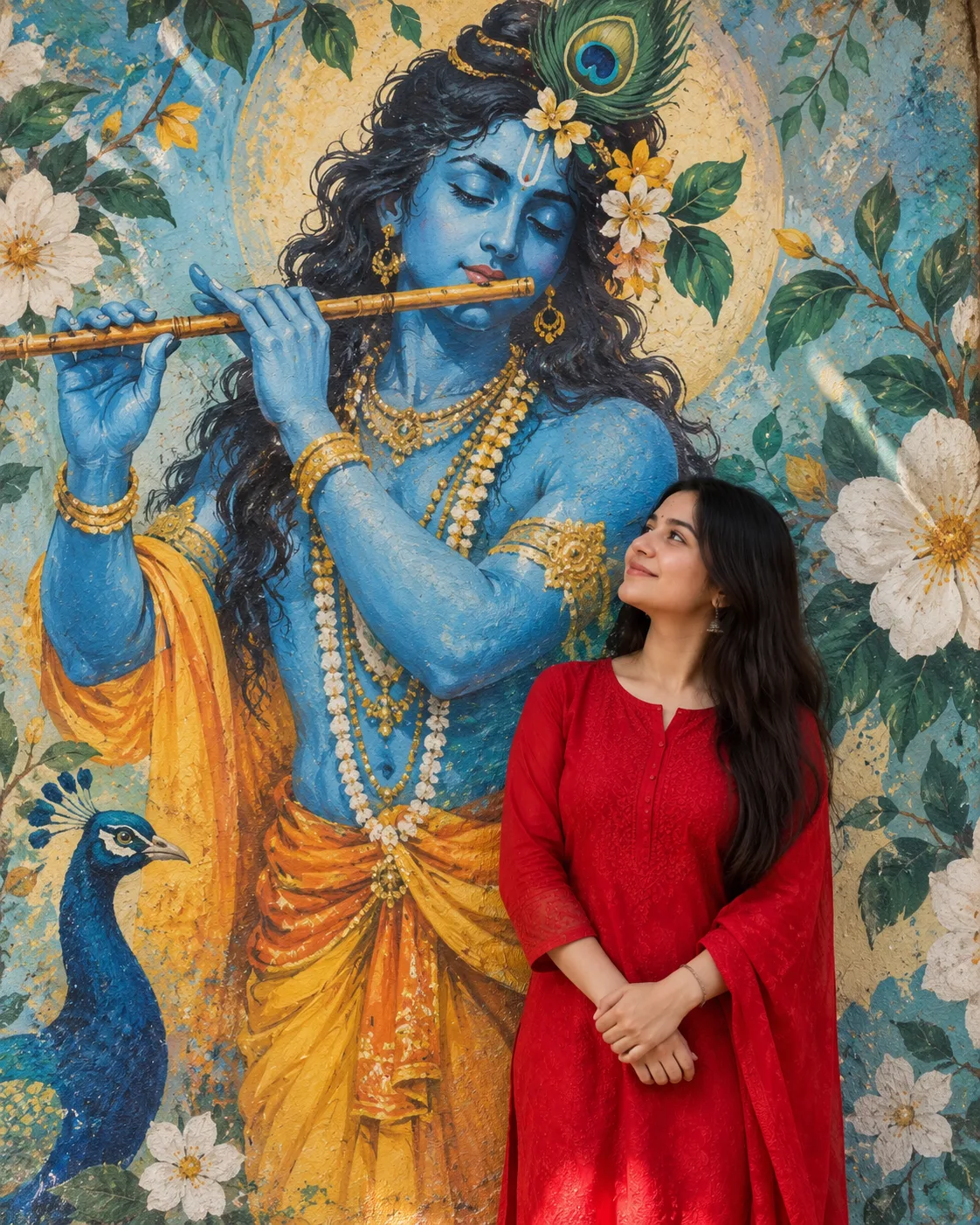 Create a highly realistic, vibrant cinematic vertical portrait of a beautiful young Indian woman standing naturally in front of a large,