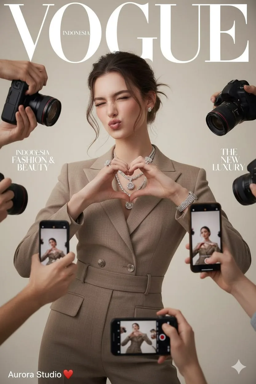 Create a photorealistic vertical 9:16 luxury fashion magazine cover inspired by the uploaded reference image.