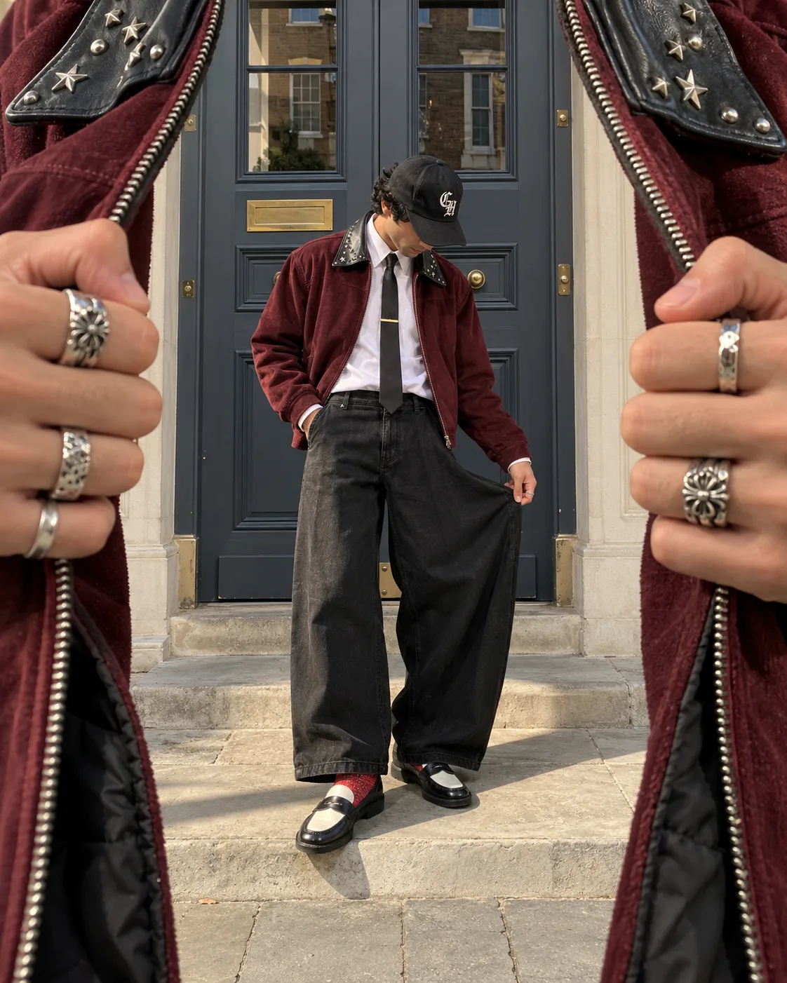 Creative street style fashion photo with forced perspective frame-within-frame effect, vertical format.