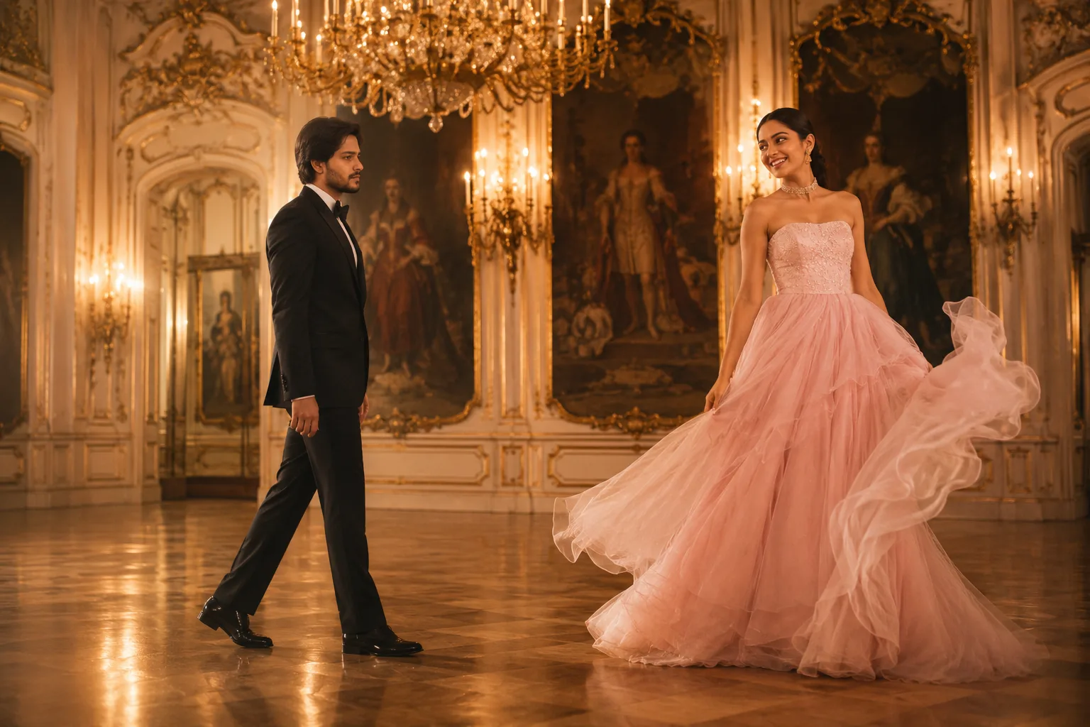 A cinematic, ultra-realistic luxury ballroom scene inside an opulent European palace.