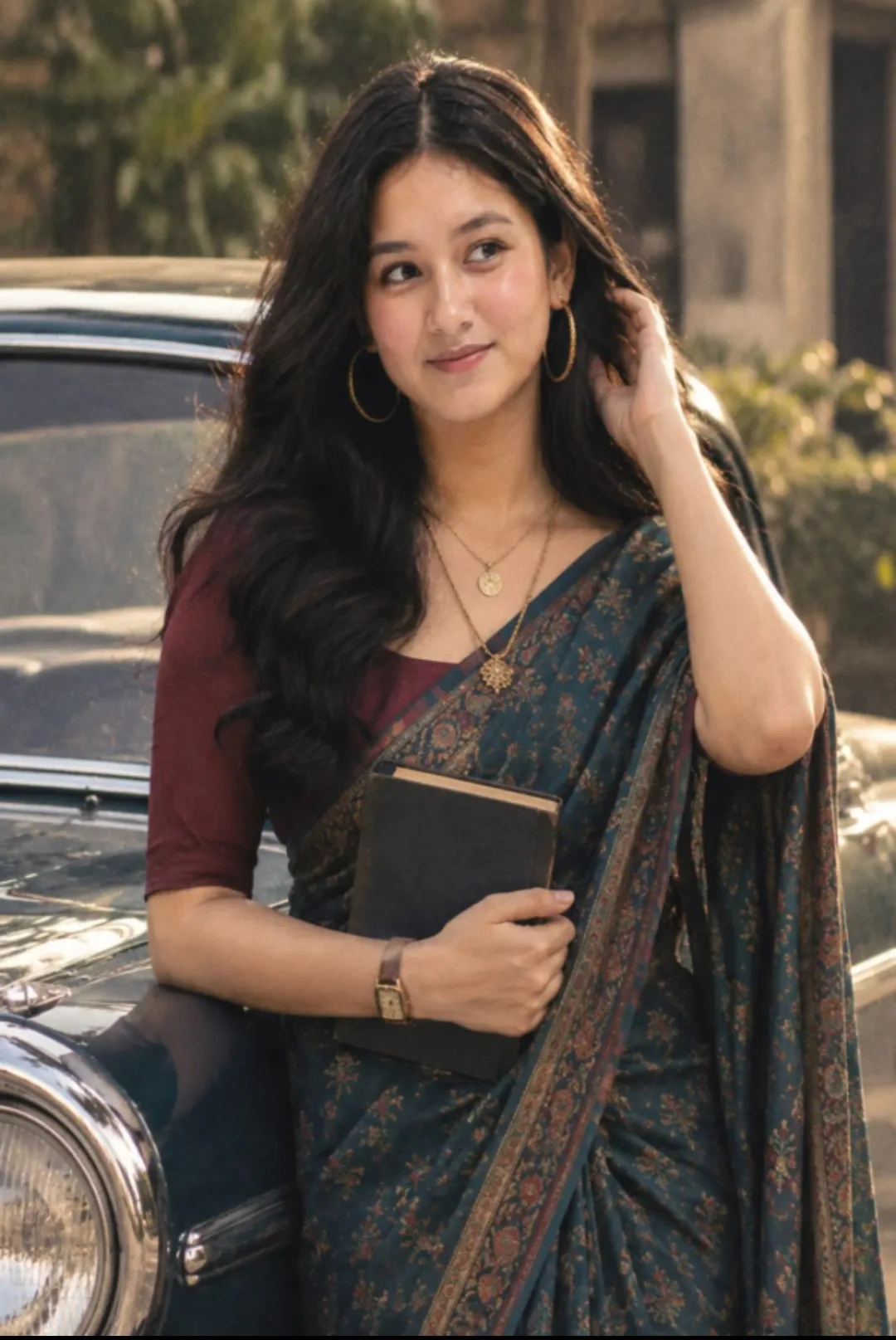 cinematic portrait of a beautiful South Asian woman with voluminous wavy black hair, wearing a traditional dark teal patterned saree with a
