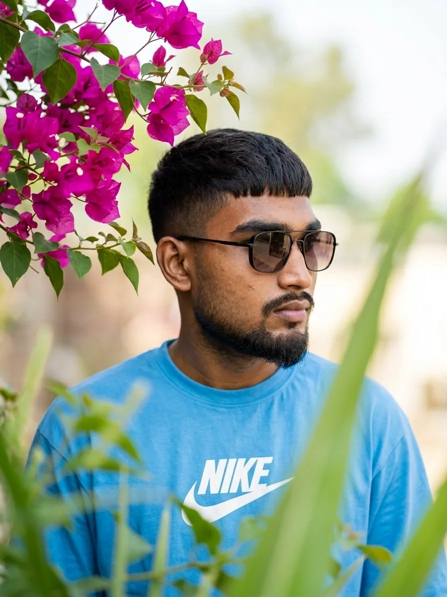 Create a photorealistic outdoor portrait photograph of a young South Asian man standing peacefully in a lush garden, surrounded by vibrant