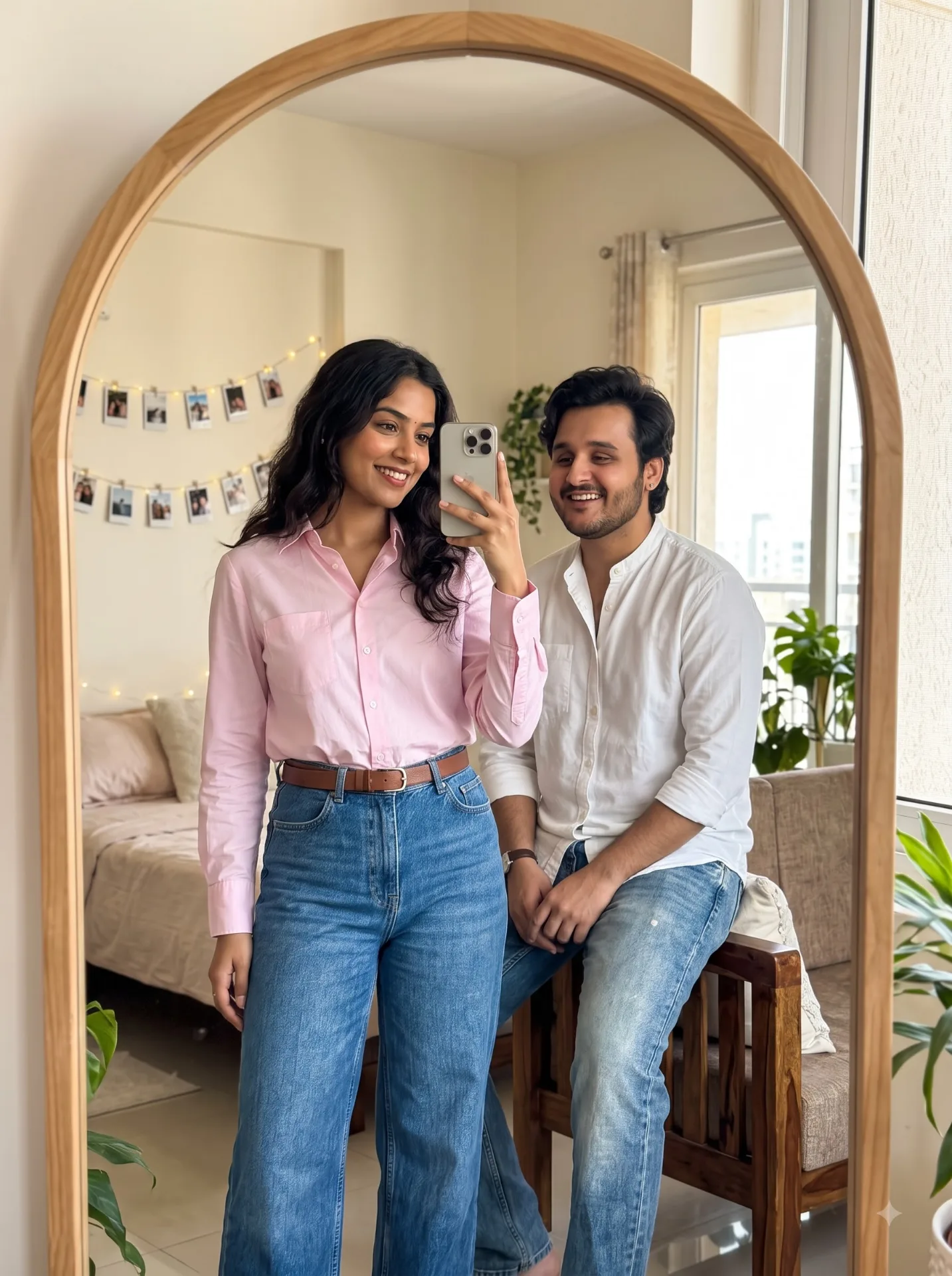 A hyper-realistic full-length mirror s elfie of a young South Asian couple in a cozy apartment room.