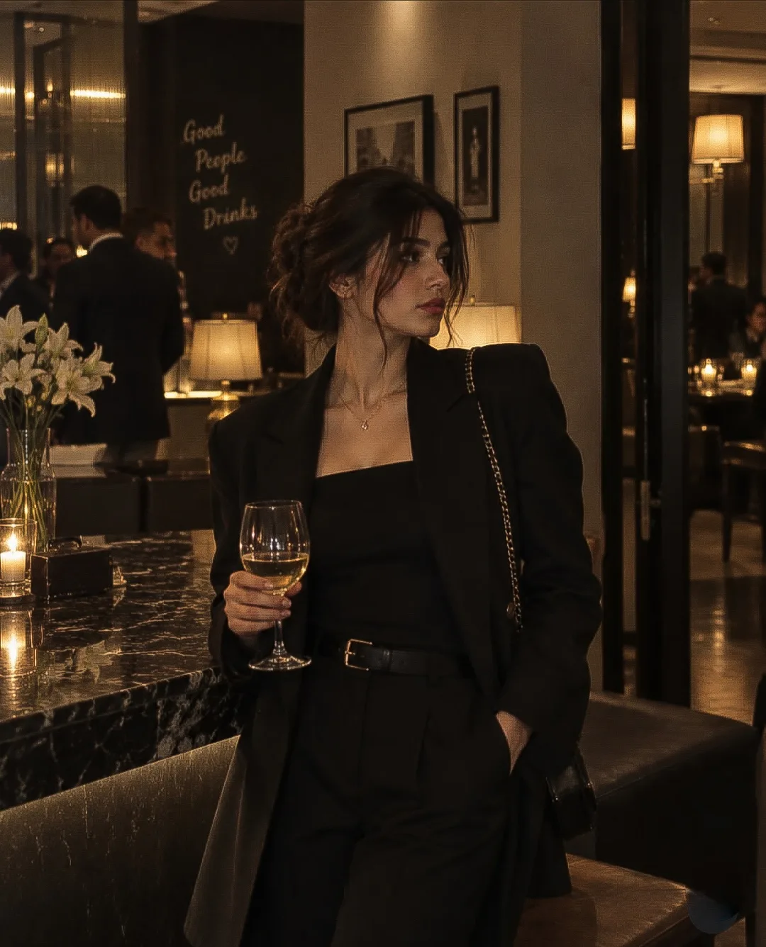 > A cinematic medium shot of an elegant individual standing gracefully in a dimly lit, high-end lounge and bar.