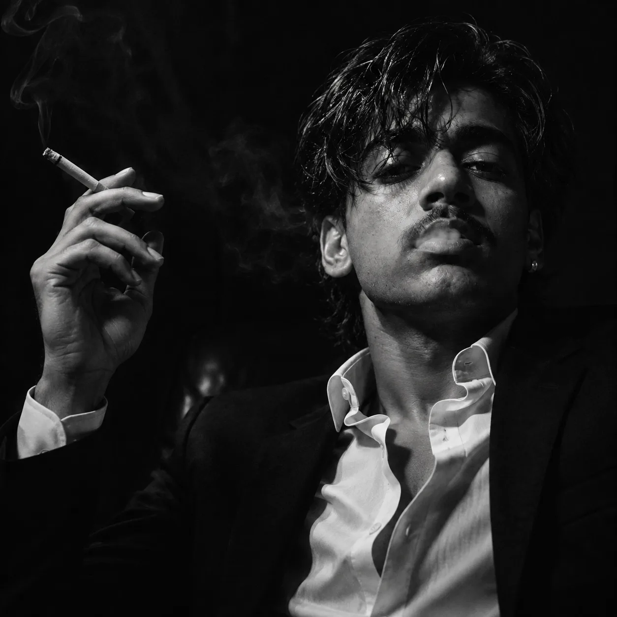 Create an ultra-realistic black-and-white cinematic editorial portrait that closely recreates the provided reference image, preserving the