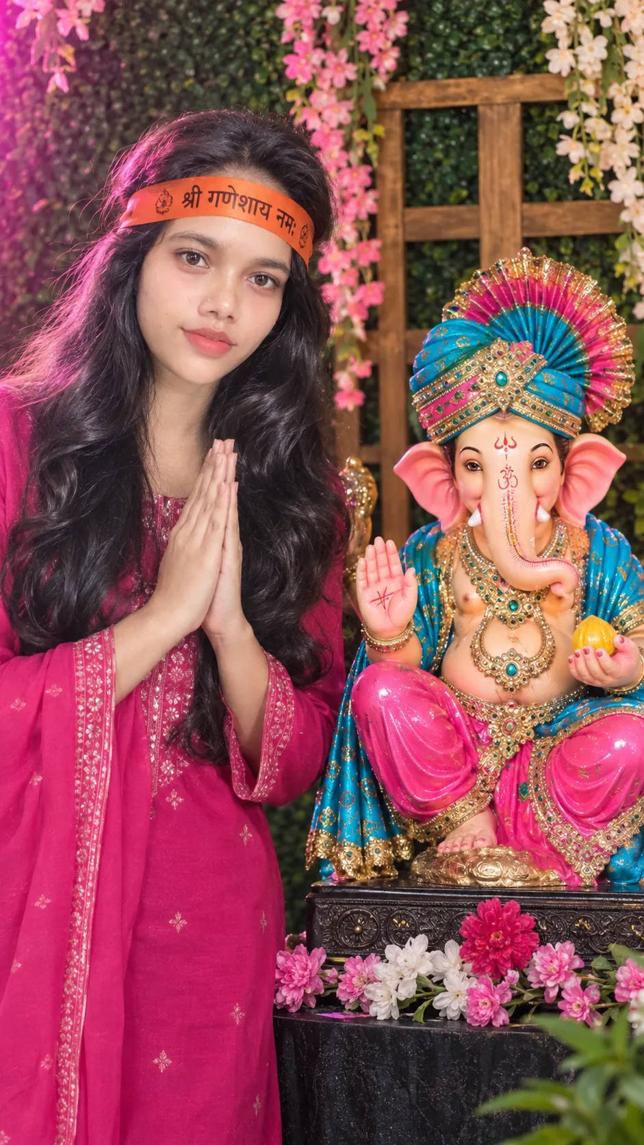 Create a highly realistic vertical 9:16 professional photograph of me as a young Indian woman standing beside a beautifully decorated Lord