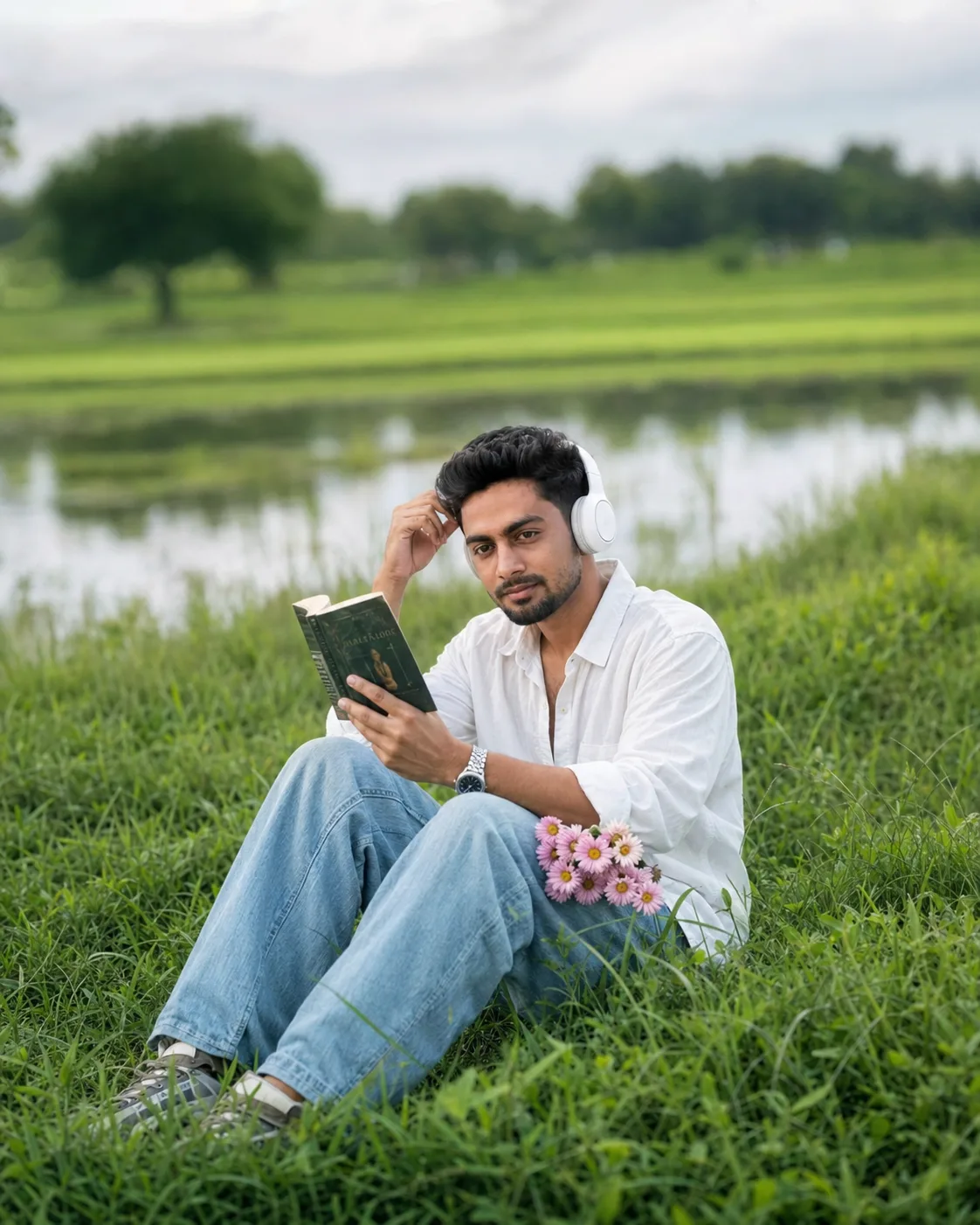 A cinematic outdoor portrait of a young man sitting alone in a vast lush green field beside a calm water-filled meadow.