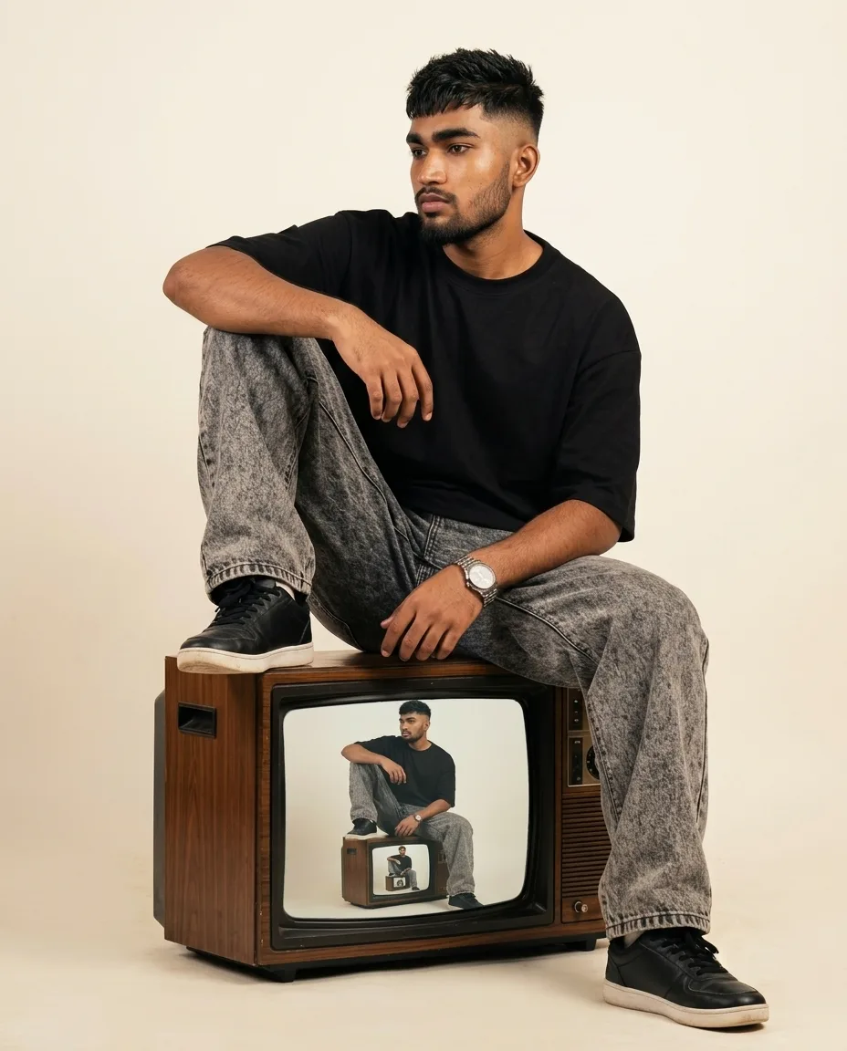 Detailed AI Image Prompt Vertical 4:5 aesthetic studio lifestyle fashion portrait of a young man sitting on top of a vintage retro CRT