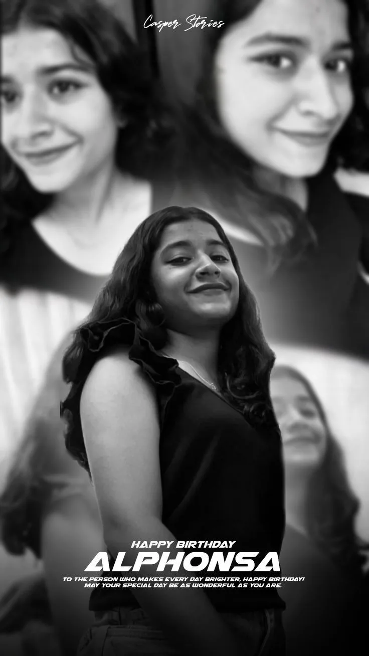 A photorealistic vertical black-and-white montage poster of the young South Asian woman from the reference image, faithfully preserving her