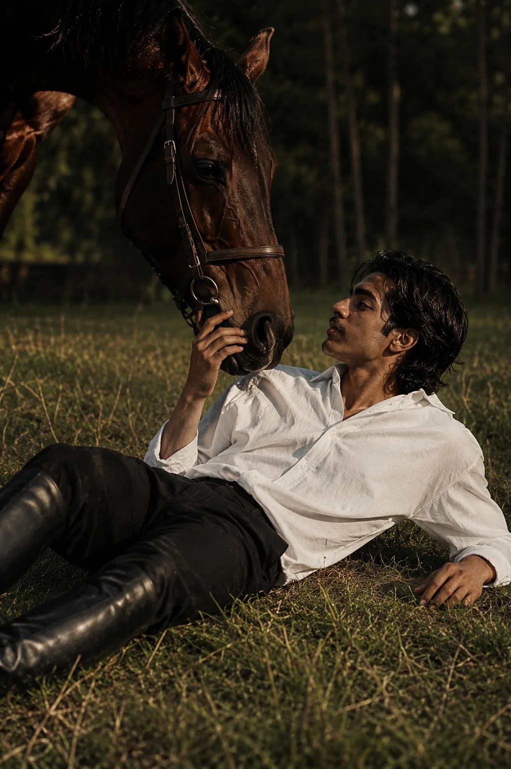 Ultra-realistic cinematic vintage editorial photograph of a young adult man lying casually on a grassy field beside a large dark brown