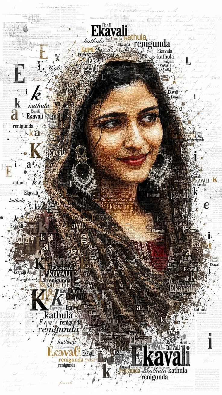 Create a highly detailed artistic portrait of an elegant Indian woman, where her entire face, hair, clothing, and silhouette are formed