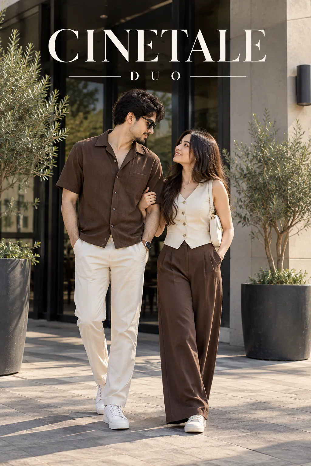 A FULL-BODY FASHION PHOTO OF A STYLISH COUPLE IN COORDINATED OUTFITS.