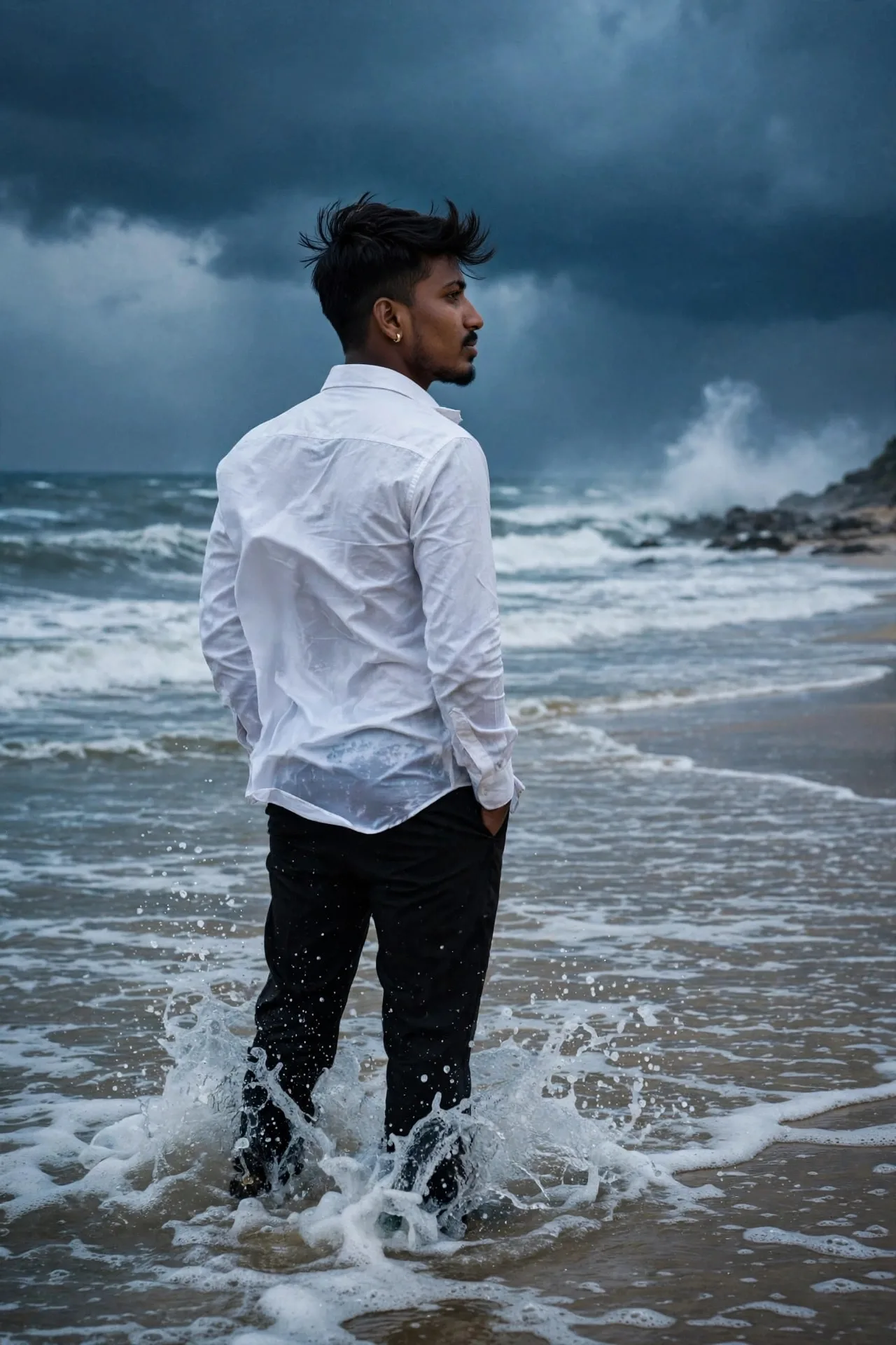 Prompt:Ultra-realistic cinematic portrait using my uploaded face, South Asian man standing alone in shallow seawater on a stormy beach,