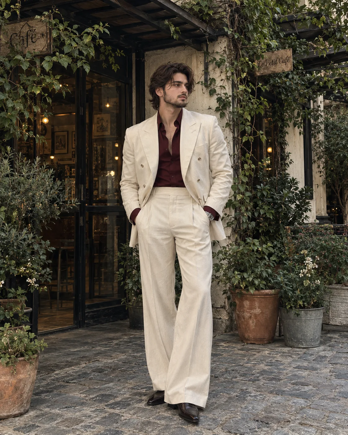 **Ultra-realistic cinematic full-body fashion photograph of a handsome young adult man standing confidently outside a stylish rustic-modern