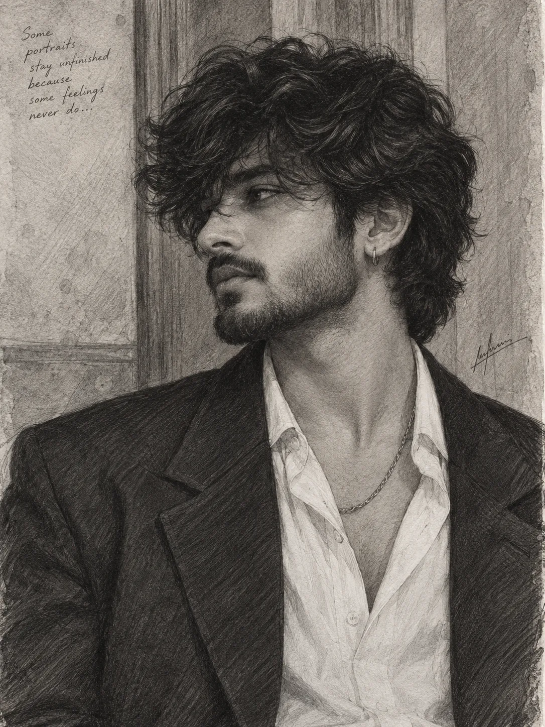 A highly detailed graphite pencil portrait drawing of a handsome young adult man, shown from the chest up in a three-quarter profile,