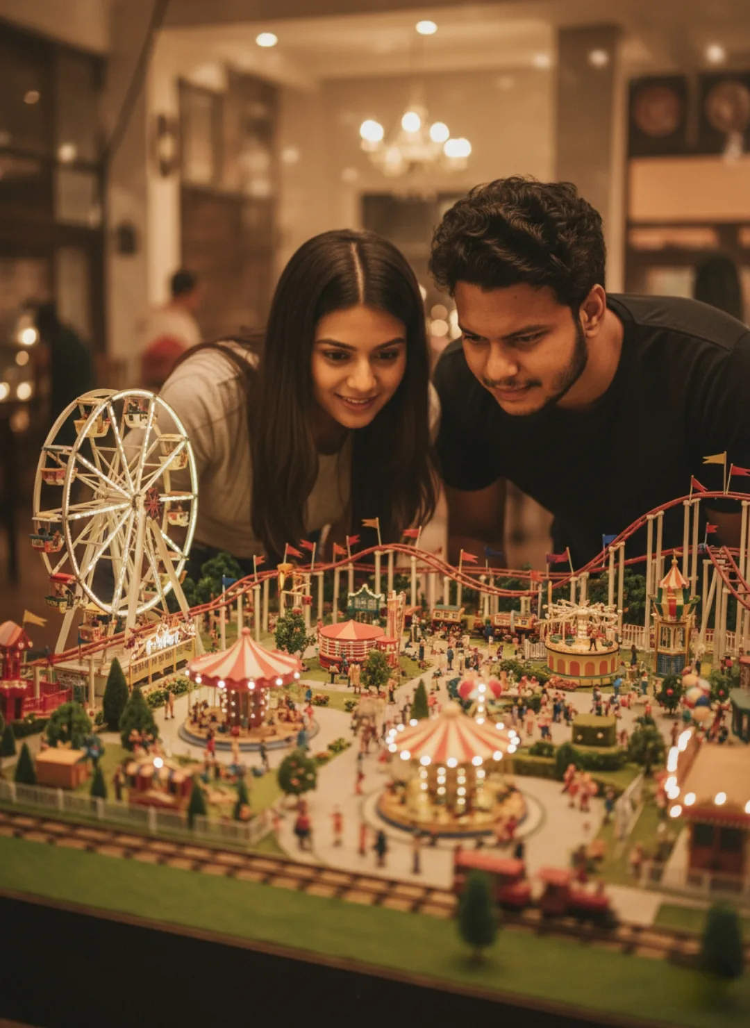 A young Indian couple leaning closely over a highly detailed miniature model of a vibrant amusement park, the woman with long straight dark