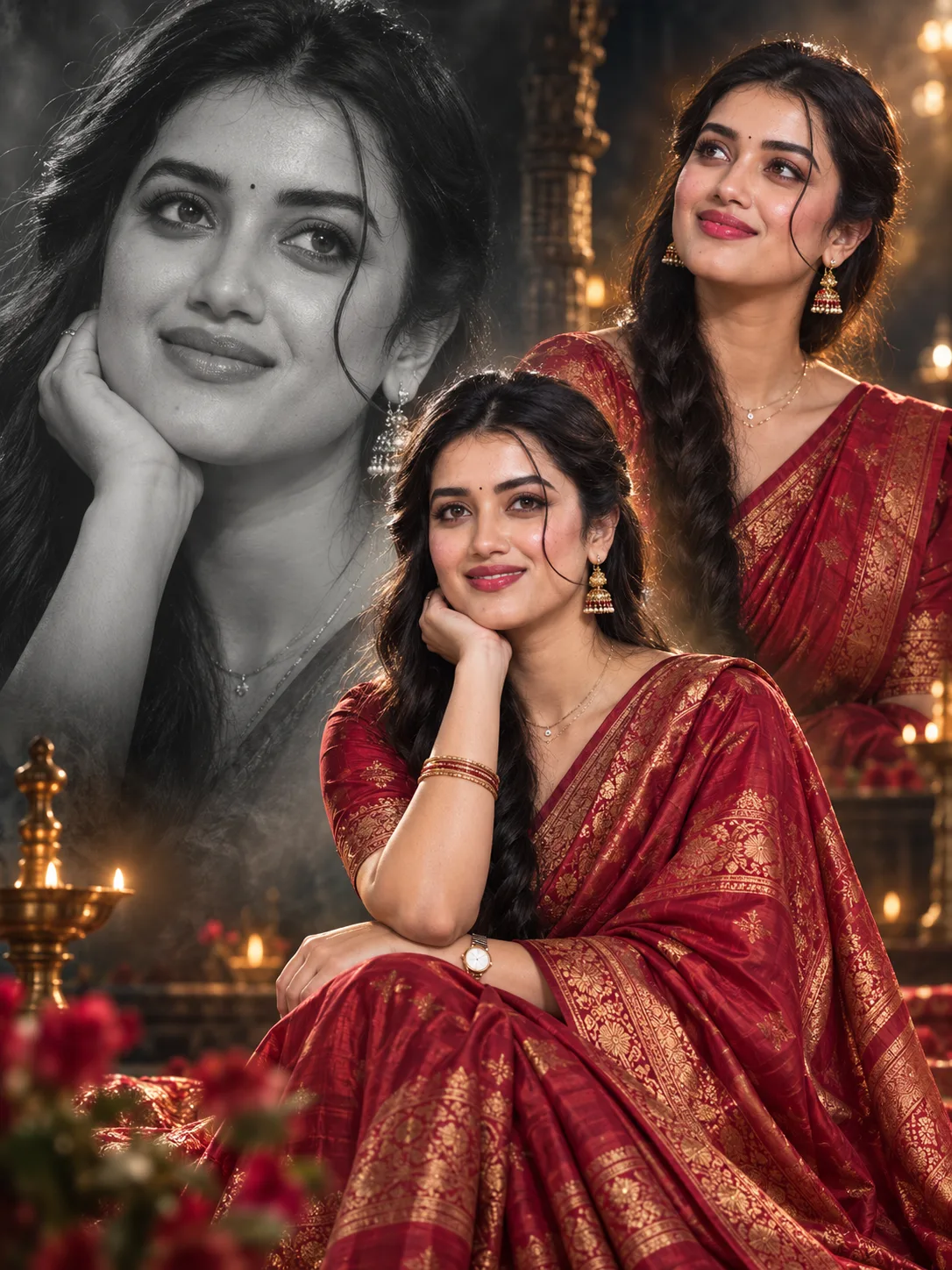 Create an ultra-premium cinematic South Indian portrait co lage poster in a strict 3:4 aspect ratio featuring the same elegant young South