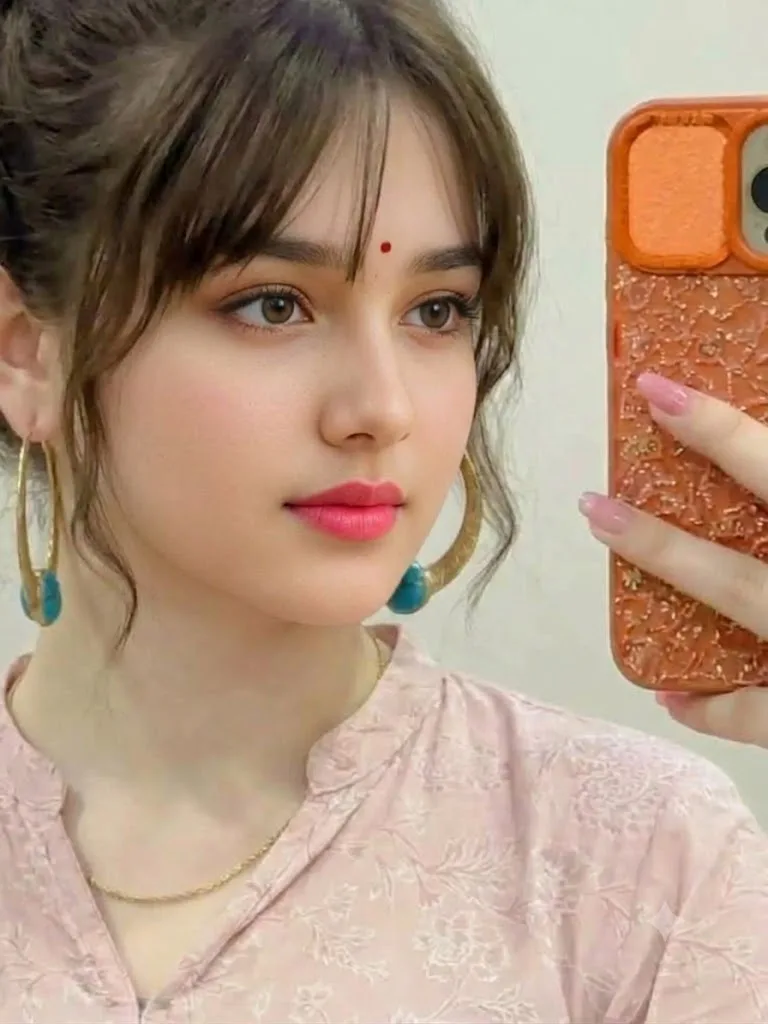 A detailed, high-resolution, photorealistic close-up mirror selfie portrait of a young woman with warm, olive-toned skin.