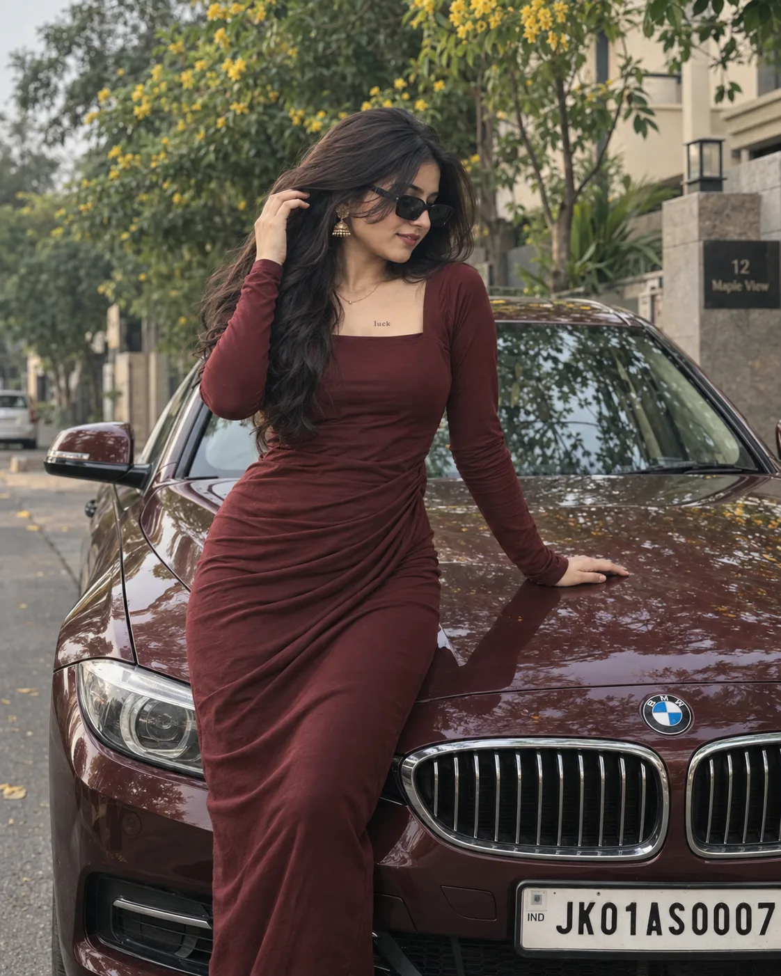A stylish, realistic outdoor portrait of a beautiful young Indian woman standing and leaning against the hood of a maroon BMW car,